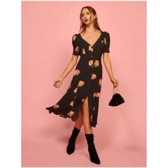 Reformation Britt Dress Midi Button-Up V-Neck Short Sleeve Floral Black Size 2 - Picture 8 of 8